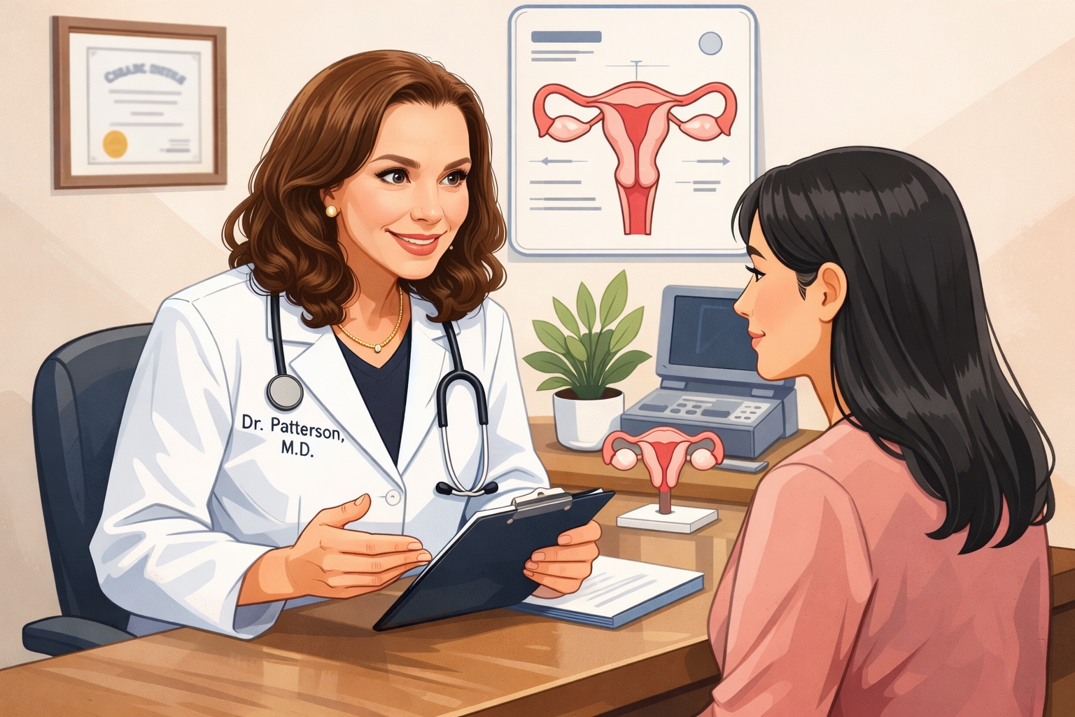 Illustrated version of Dr Gwynn meeting with a patient